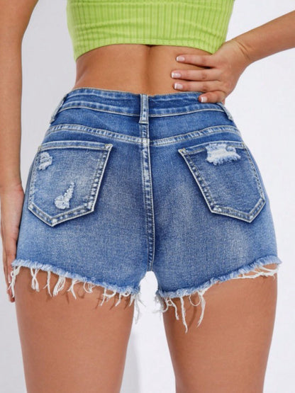 High Waist Ripped Fringe Hem Washed Denim Hot Shorts