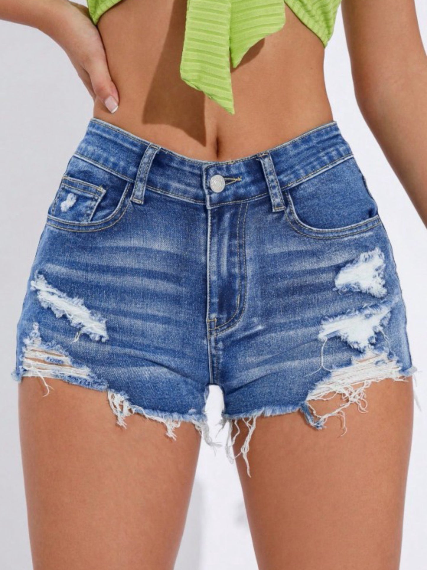 High Waist Ripped Fringe Hem Washed Denim Hot Shorts