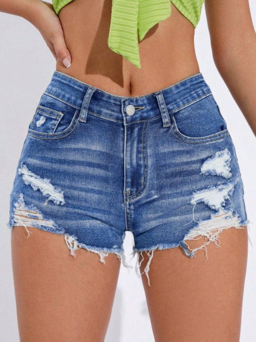 High Waist Ripped Fringe Hem Washed Denim Hot Shorts