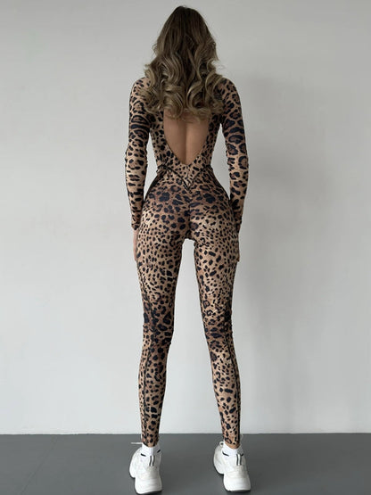 Fashion Leopard Print Backless Jumpsuit