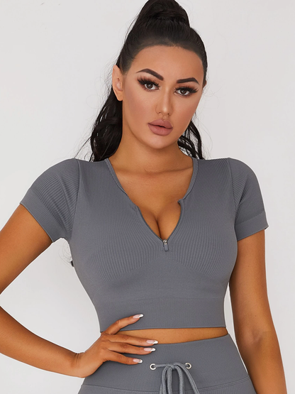 Knitted Chest Zipper Yoga Short Sleeves