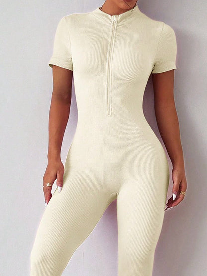 Ribbed Zipper Short Sleeves Jumpsuit