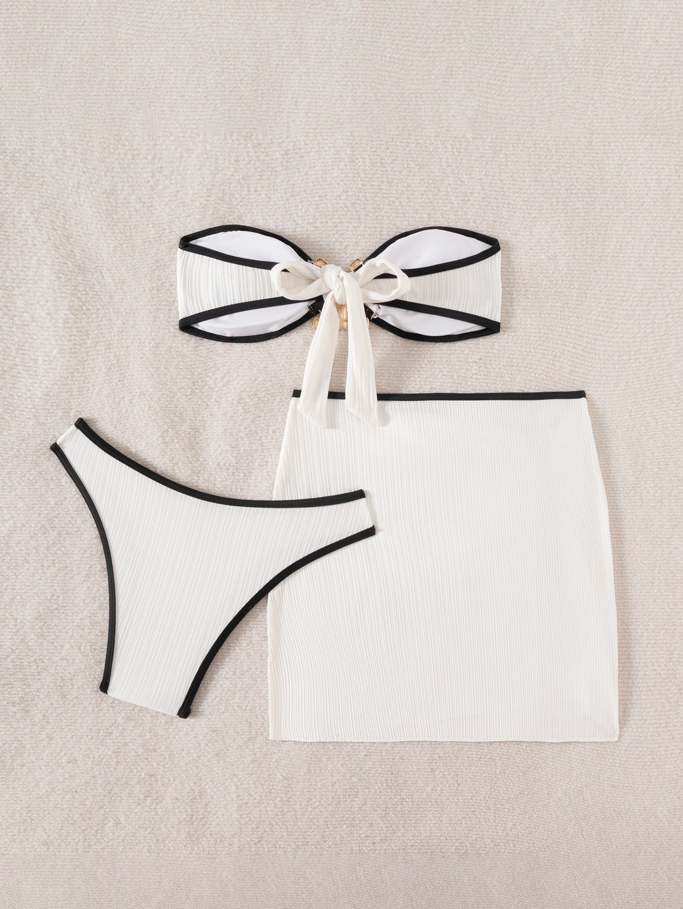 Black & White Color-Blocked Bandeau Bikini 3-Piece Set