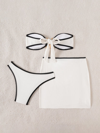 Black & White Color-Blocked Bandeau Bikini 3-Piece Set
