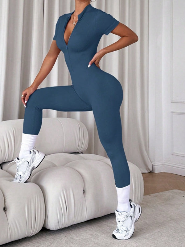 Ribbed Zipper Short Sleeves Jumpsuit