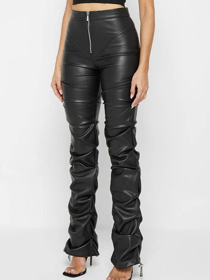 Faux Leather Folds Zipper Fashion Leggings