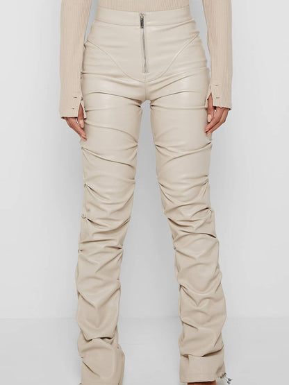 Faux Leather Folds Zipper Fashion Leggings