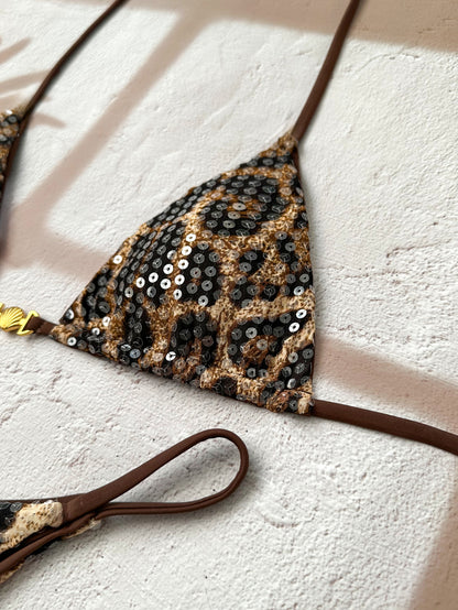 Glitter Leopard Print Thin Halter Bikini