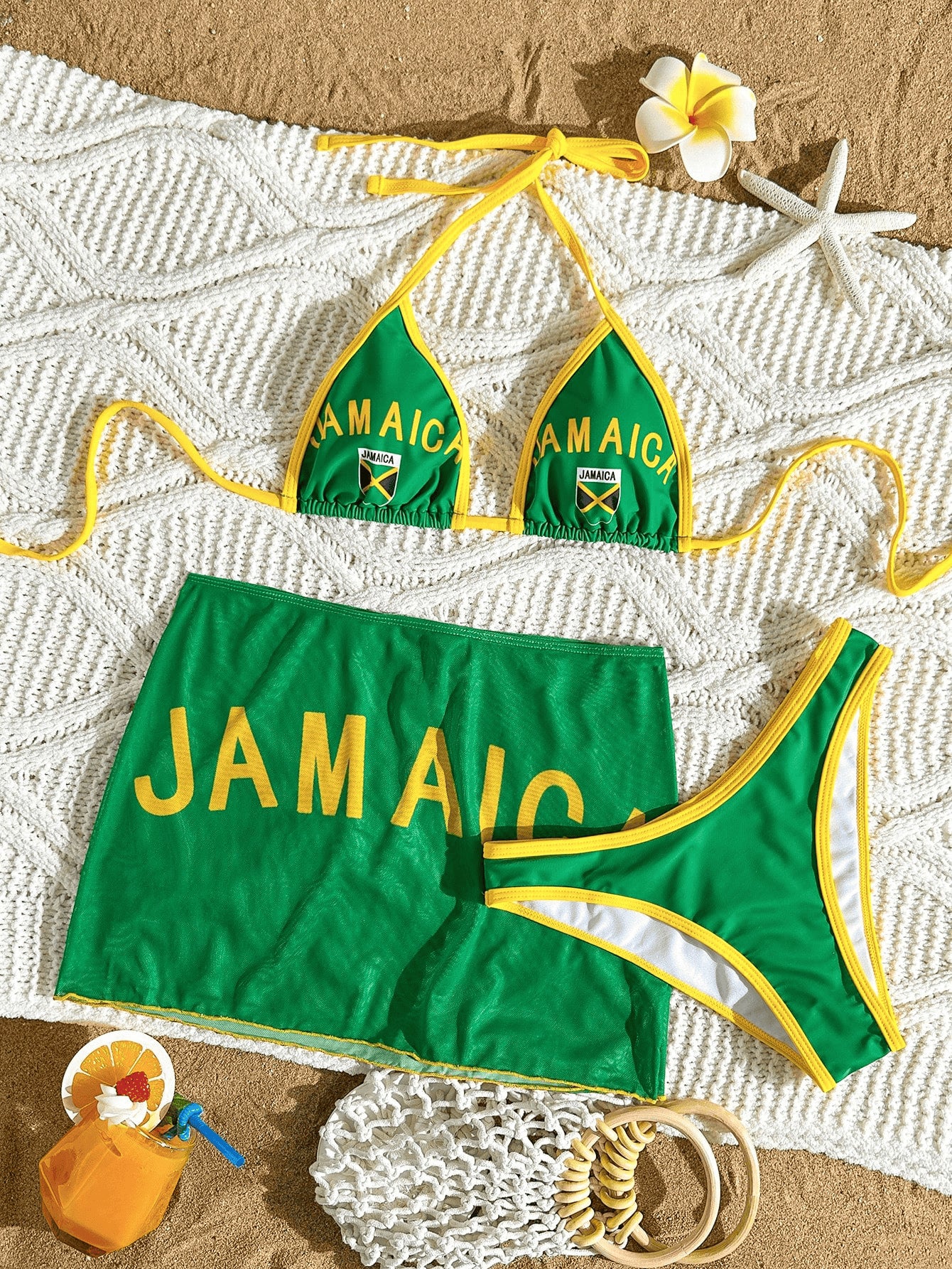 Jamaica Style Green & Yellow Halter Bikini with Mesh Skirt 3-Piece Set