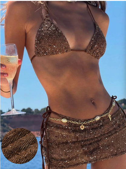 Tweed Bouclé Triangle Halter Bikini 3-Piece Set with Skirt