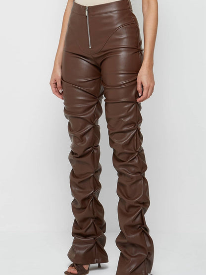 Faux Leather Folds Zipper Fashion Leggings
