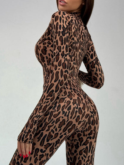 Sexy Leopard Zipper Thumbhole Hip-lift Jumpsuit