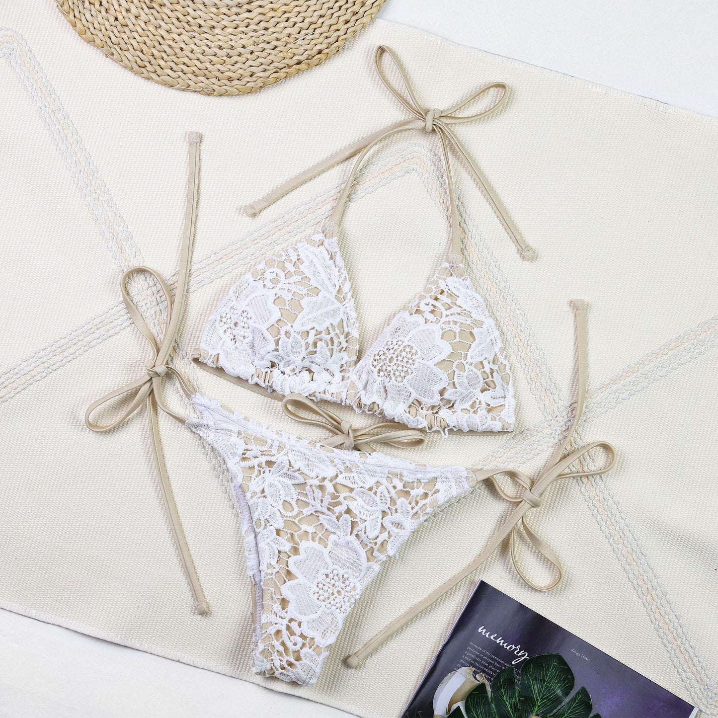 White Lace Halter Bikini with Sheer Lace Maxi Skirt 3-Piece Set