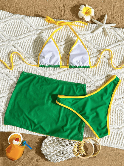 Jamaica Style Green & Yellow Halter Bikini with Mesh Skirt 3-Piece Set