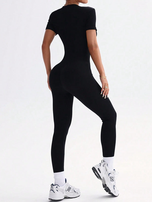 Ribbed Zipper Short Sleeves Jumpsuit