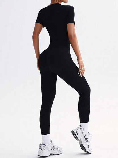 Ribbed Zipper Short Sleeves Jumpsuit