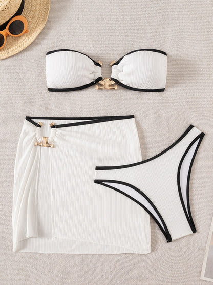 Black & White Color-Blocked Bandeau Bikini 3-Piece Set