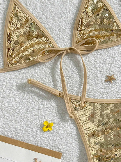Beach Vacation Gold Sequin Triangle Bikini