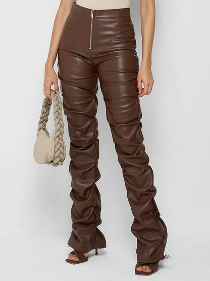 Faux Leather Folds Zipper Fashion Leggings