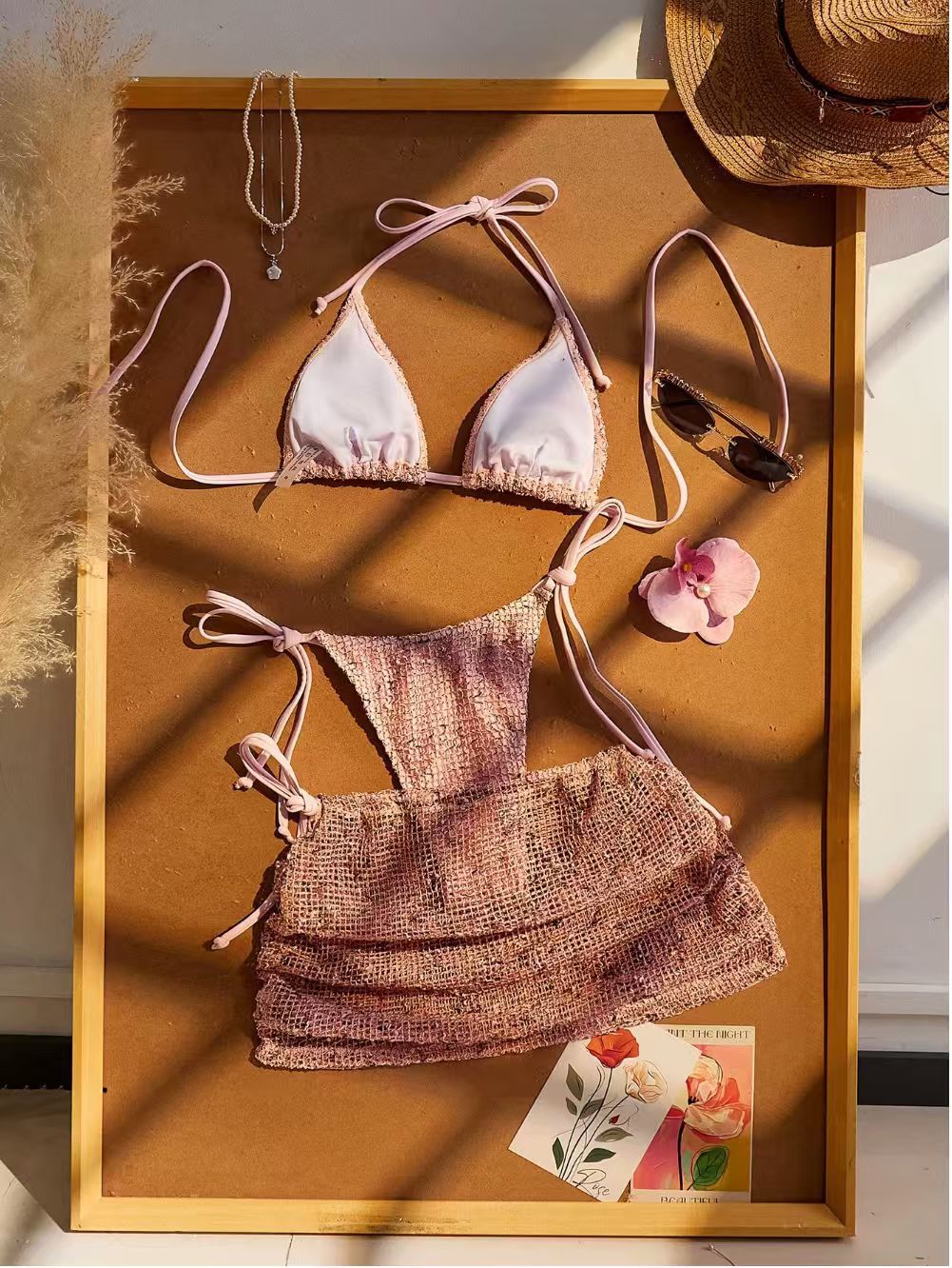 Tweed Bouclé Triangle Halter Bikini 3-Piece Set with Skirt