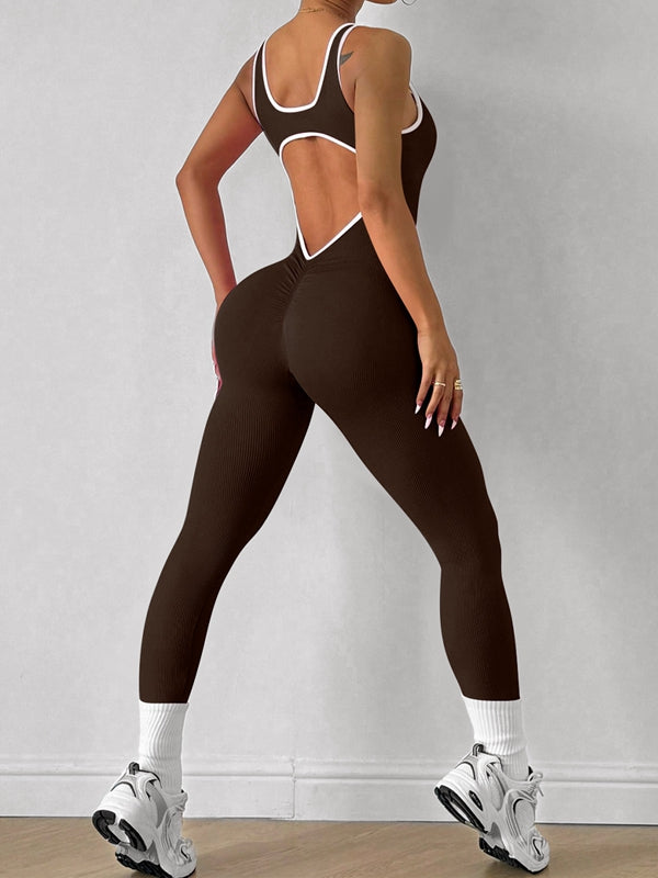 Contrast Color Backless Ribbed Jumpsuit