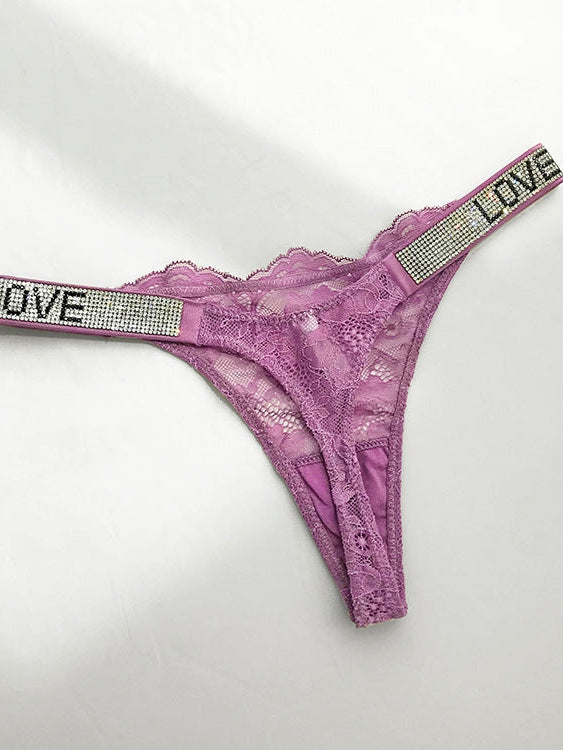 Love Print Lace Dazling Diamond Thong