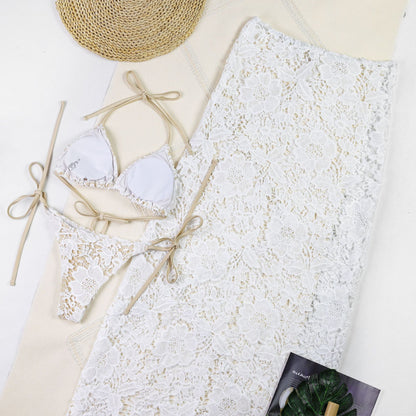 White Lace Halter Bikini with Sheer Lace Maxi Skirt 3-Piece Set