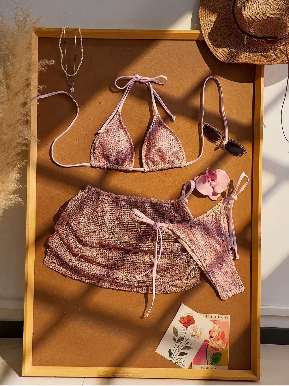 Tweed Bouclé Triangle Halter Bikini 3-Piece Set with Skirt