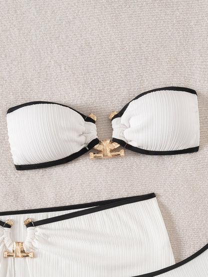 Black & White Color-Blocked Bandeau Bikini 3-Piece Set