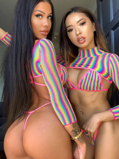 Rainbow Strip Sunscreen Bikini 3-piece Set
