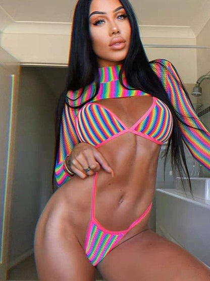 Rainbow Strip Sunscreen Bikini 3-piece Set