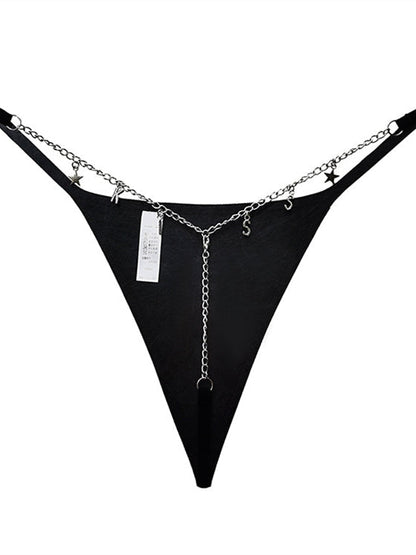 Heart Metal Waist Chain Solid Color T-back Thong