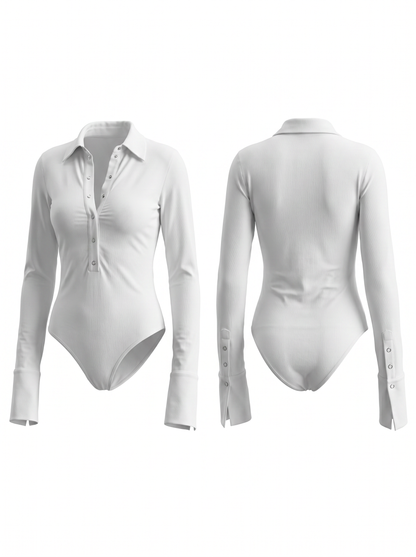 Lapel Button Long Sleeves Bodysuit