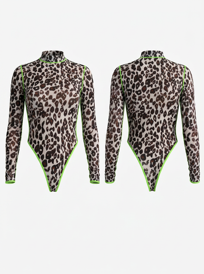 Sexy Long-Sleeve Mesh Leopard Print Bodysuit