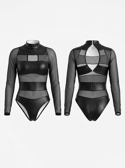 Sexy Sheer PU Mesh Panel Bodysuit Lingerie