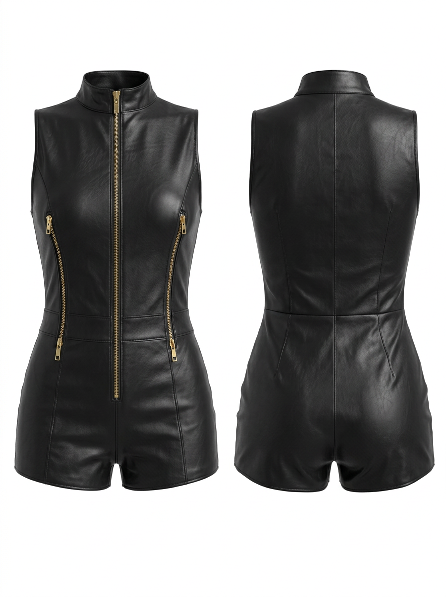 Sleeveless Sexy Zipper Leather Bodysuit