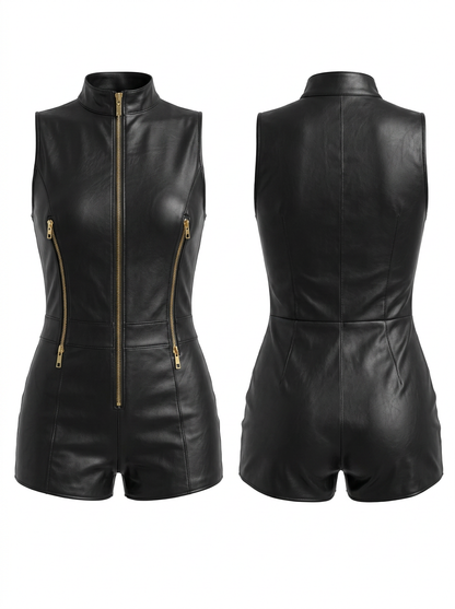 Sleeveless Sexy Zipper Leather Bodysuit