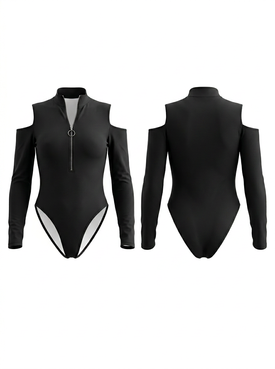 Sexy Hollow Out Off Shoulder Zipper Long Sleeve Bodysuit