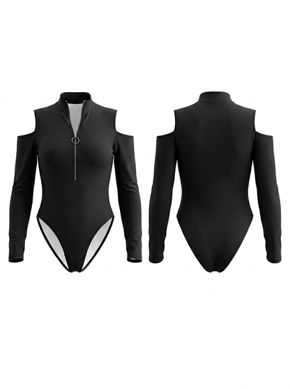 Sexy Hollow Out Off Shoulder Zipper Long Sleeve Bodysuit