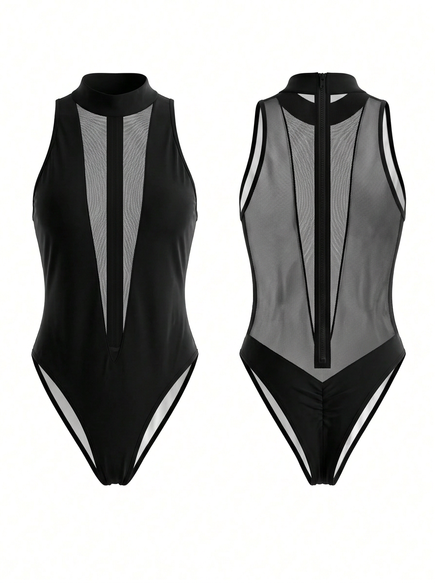 Sexy Sleeveless Pullover Mesh Patchwork Bodysuit