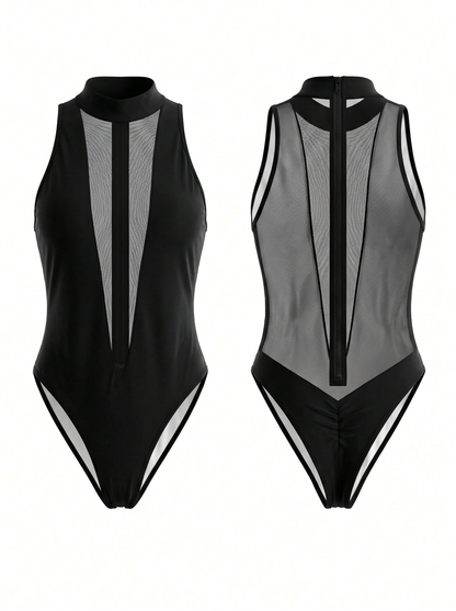 Sexy Sleeveless Pullover Mesh Patchwork Bodysuit
