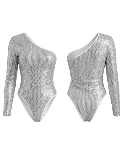 Sexy One-Shoulder Tight Rhinestone Sequin Bodysuit
