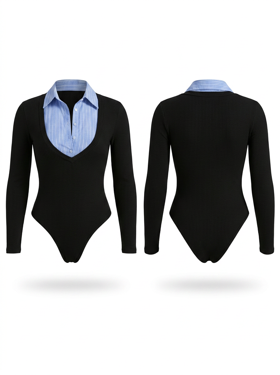 Fashion Color-Block Paneled Collared Button Slim-Fit Bodysuit