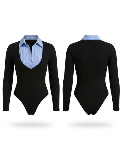 Fashion Color-Block Paneled Collared Button Slim-Fit Bodysuit