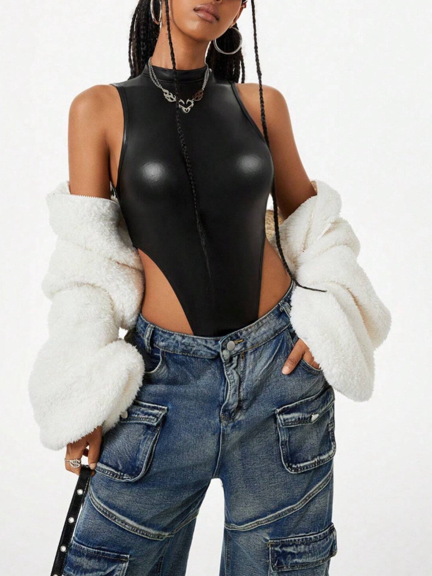 Black Faux Leather High Neck Sleeveless Bodysuit