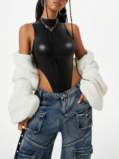 Black Faux Leather High Neck Sleeveless Bodysuit