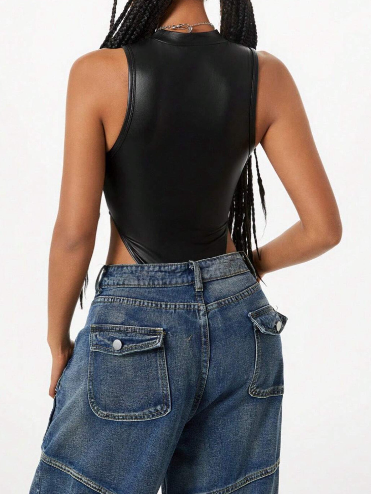 Black Faux Leather High Neck Sleeveless Bodysuit