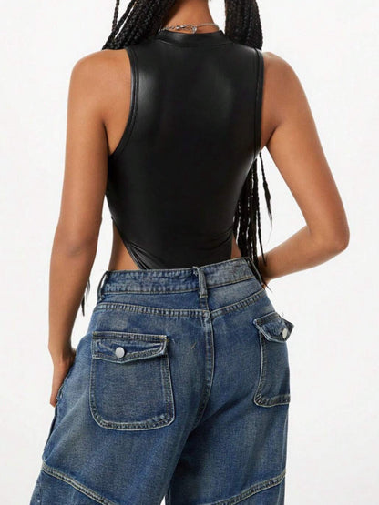 Black Faux Leather High Neck Sleeveless Bodysuit