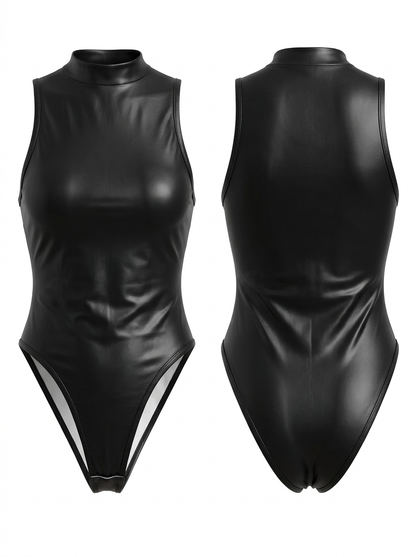 Black Faux Leather High Neck Sleeveless Bodysuit