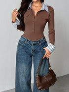 Fake Two-Piece Striped Collar Form-Fitting Bodysuit